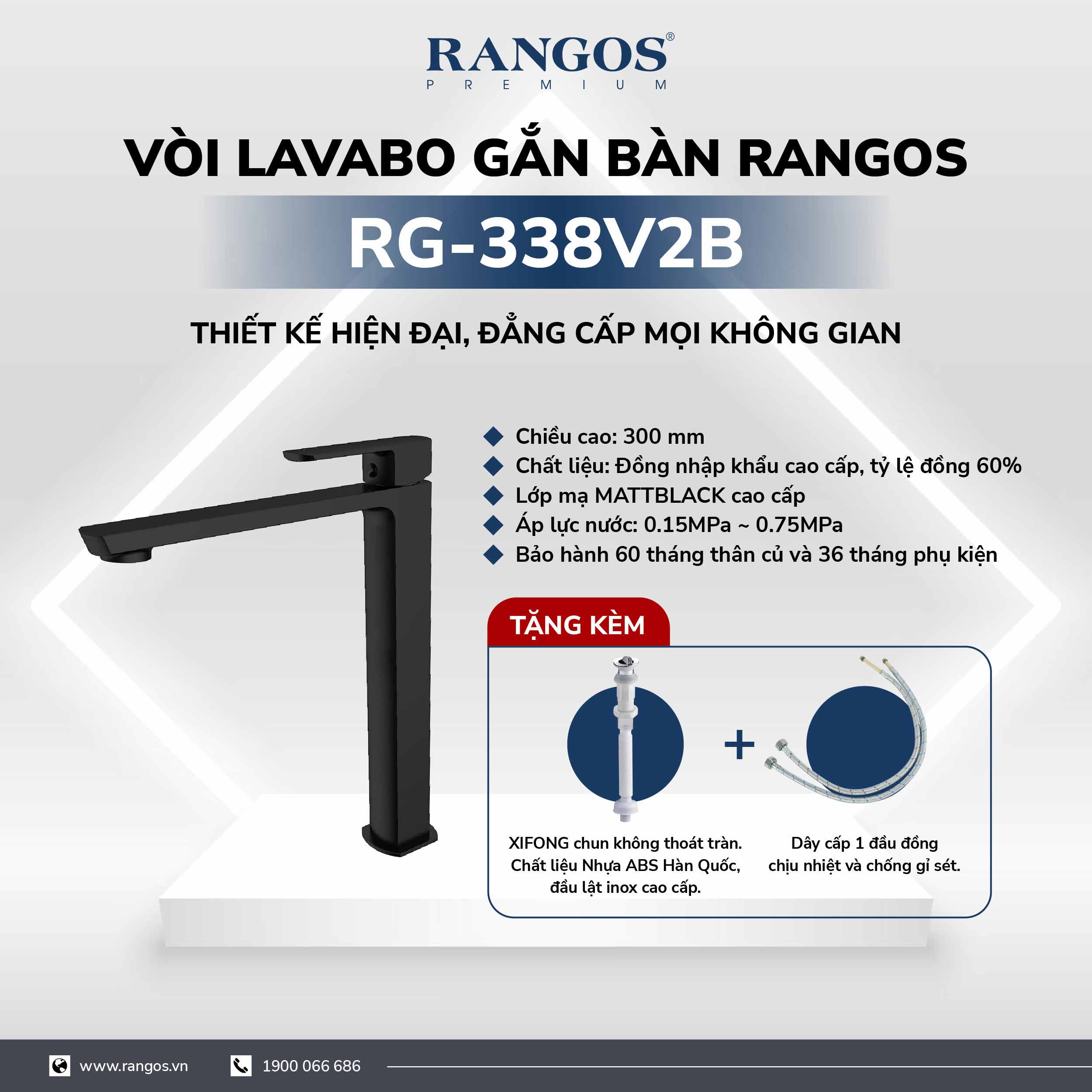 Bộ vòi lavabo gắn bàn Rangos RG-338V2B